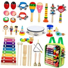 Kids Musical Instruments, 33Pcs 18 Types Wooden A-music Toy & Green Backpack
