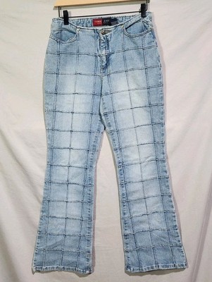 Y2K Younique Sz 9 Windowpane Exposed Seam Bareback Flare Jeans Cot Poly Spandex