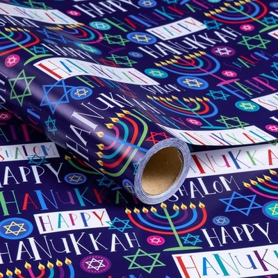 Hanukkah Wrapping Paper Roll, Colorful 'Happy Hanukkah' Lettering, the Star o...