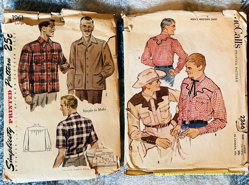 2 Vintage Men’s Shirt Sewing Patterns, McCall, Simplicity - Cut - Large