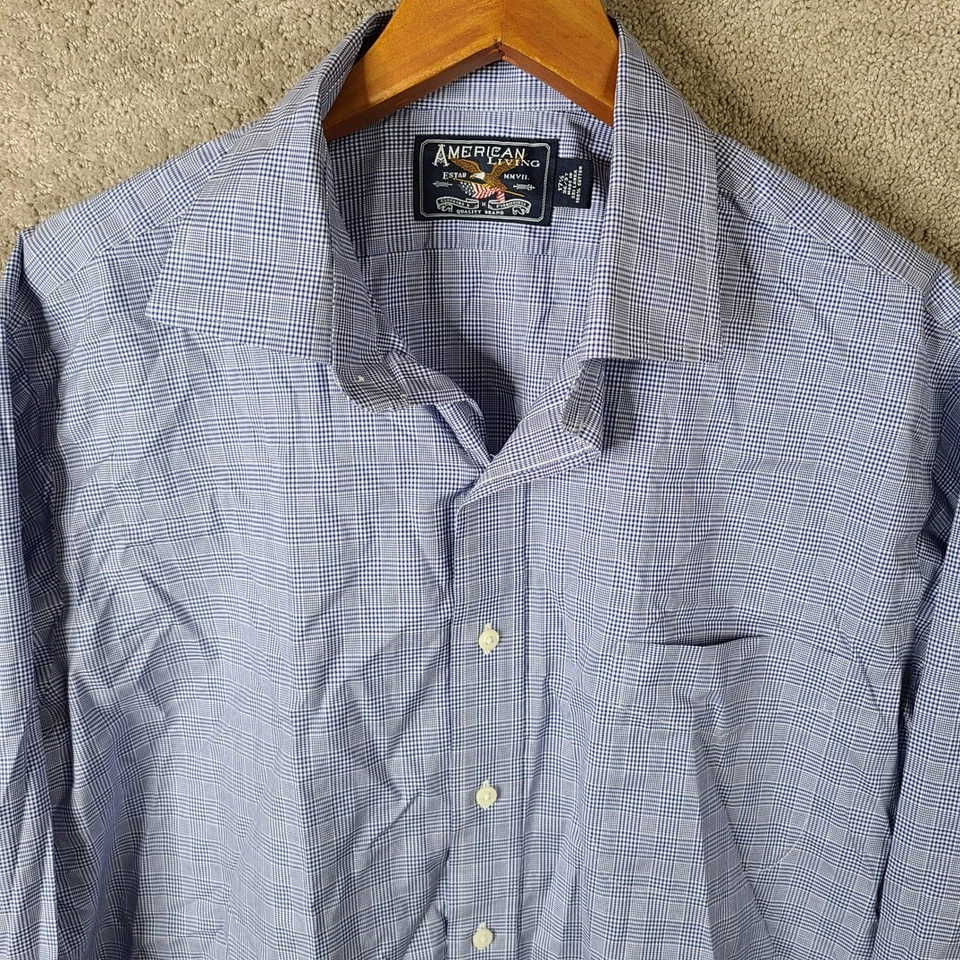Camisa American Living Para Hombre 17 36/37 Azul Cuadros Manga Larga Algodón Abotonado Foto 2 de 4