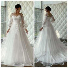 Modest Long Sleeves A-line Wedding Dress Lace Applique Elegant Tulle Bride Gown