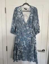Pretty blue white turquoise Paisley lined wrap tea dress F&F UK 18 New 