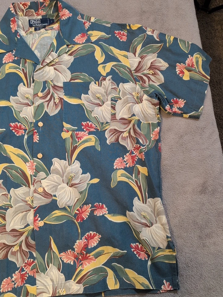 Camisa polo masculina vintage Ralph Lauren acampamento grande floral azul linho Ramie nova sem etiquetas - Imagem 3 de 4