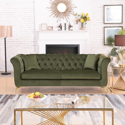 Green Velvet Chesterfield Sofa 87'' Tufted Scroll Arm Contemporary 3-Seater