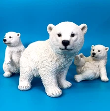 Realistic Polar Bear Family Mama Bear & Two Cubs, Animal Figurines Lg, Pre-owned