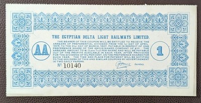 1926 Egyptian Delta Light Railways Limited Dividend Coupon