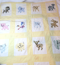 Hand Stitched Baby Quilt Animals Handmade Yellow Nursery Decor READ - VINTAGE