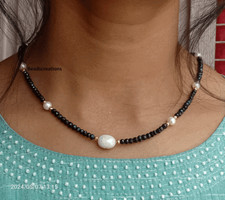 Faceted Black Spinel and White Pearl Beads beaded Necklace Gifted