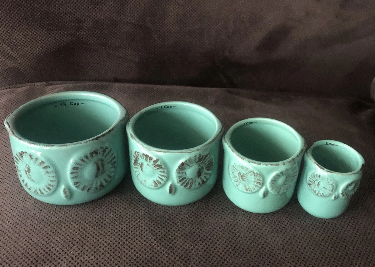 Masterclass Set Of 4 Turquoise Green Owl Ceramic Stackable Measuring Cups Cook