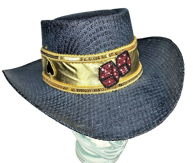 Blue Straw Hat Gold Ribbon Sequin Beaded Dice Card Suit Heart Gamble Poker  Vtg 