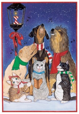 Dog with Cat Group Holiday Blues Christmas Card x with
