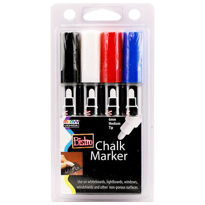 Marvy Uchida Bistro 6 CHALK MARKERS | 6mm MEDIUM TIP White Black Blue Red Color