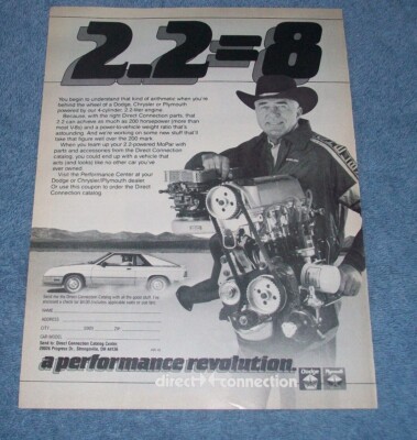 1985 Mopar Direct Connection Parts Vintage Ad with Carroll Shelby Charger 