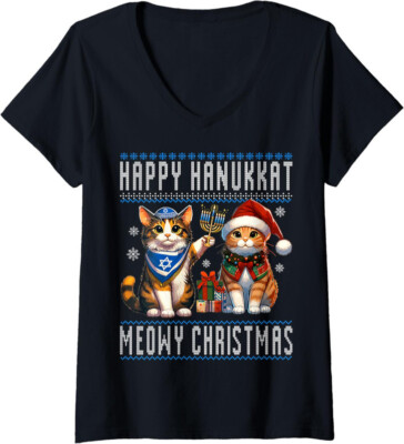 Cat Merry Christmas Happy Hanukkah Meowy Christian Ladies' V-Neck Tshirt