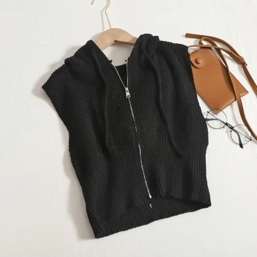 Women Knitted Waistcoat Gilet Zipper Crop Cardigan Hooded Vest Top Hooded Casual - Picture 12 of 19