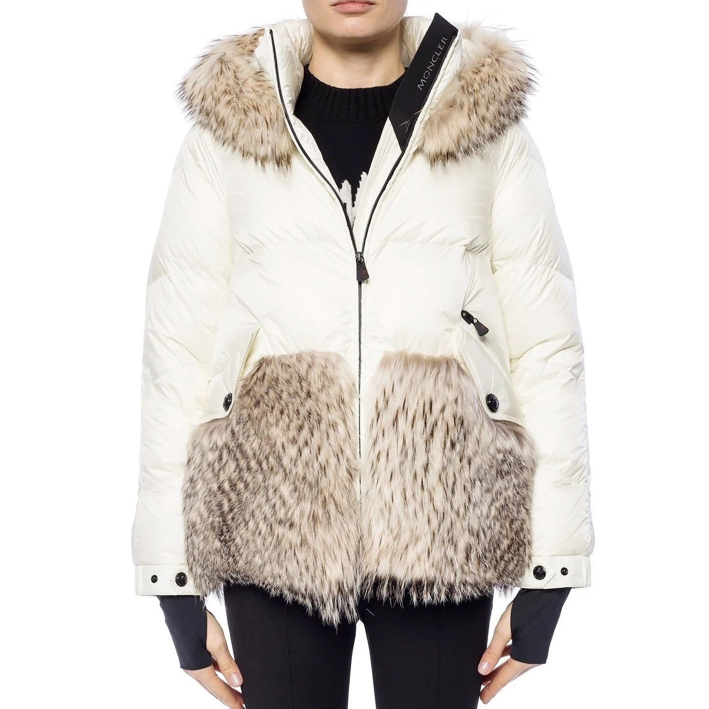 MONCLER GRENOBLE JOUX piumino corto trapuntato cappuccio vera pelliccia bianco 1 S M