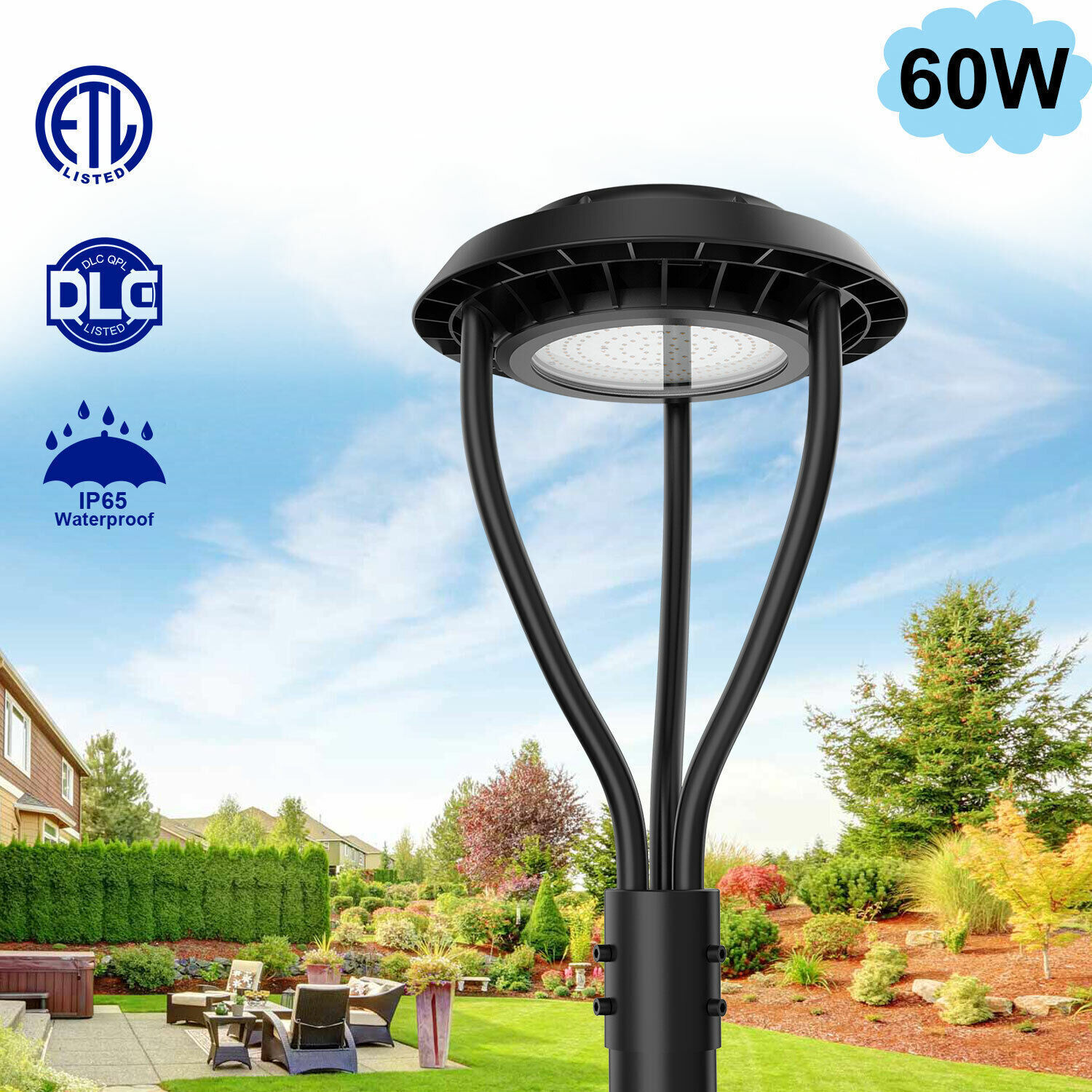 60W LED Post Top Light for Garden Pathway Yard Street DLC ETL Certified