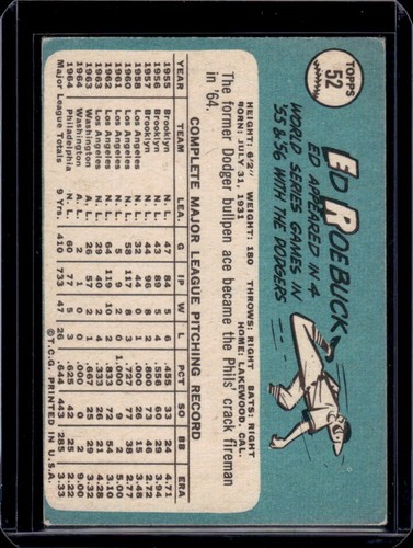Ed Roebuck 1965 Topps #51 EX - Picture 2 of 2
