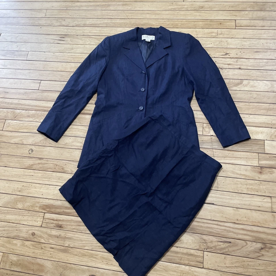 NORTON MCNAUGHTON Linen Skirt Suit Women 8 Navy Blue Vtg 90s Y2k Career Money 8 - Image 2 of 4