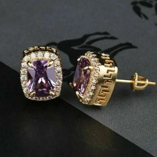 Women's 3 Ct Cushion Lab Created Amethyst Stud Earring's 14K Yellow Gold Plated - Image 2 of 4
