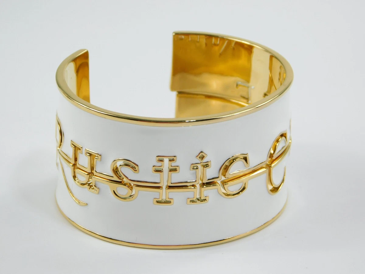 Rustic Cuff Gold Tone White Enamel Logo Cutout Cuff Bracelet Set