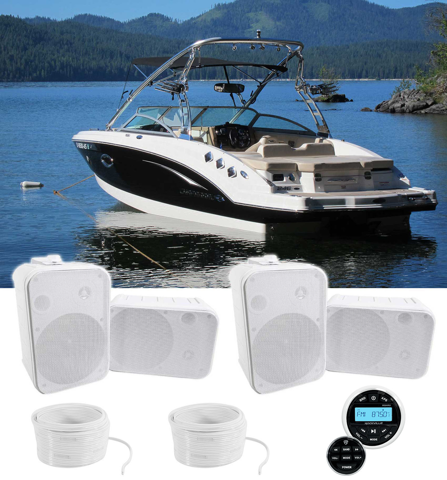 Морской измерительный приемник Rockville RGHR2 с Bluetooth пультом дистанционного управления 4 65-дюймовыми динамиками для лодки