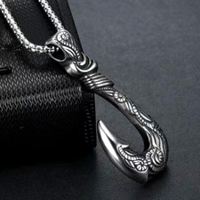 Silver Hawaiian Fishing Fish Hook Pendant Necklace Chain Men's Jewelry Gift