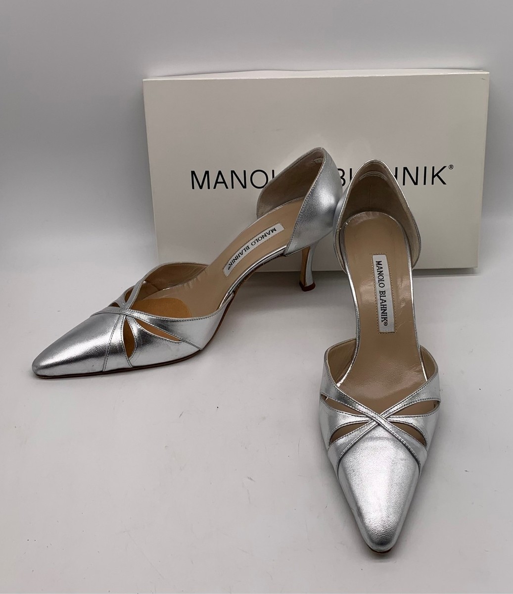 Manolo Blahnik Womens Metallic Silver D'Orsay Leather Pumps sz