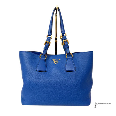 PRADA Milano Blue Vitello Daino Tote Bag Gold Hardware Double Handles Dust Bag