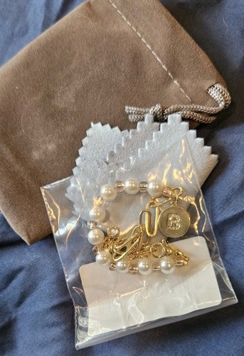 White Pearls Initial B Charm Gold Bracelet