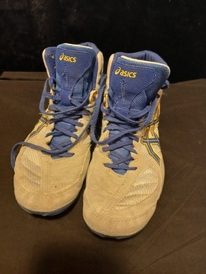  Asics Snapdown Wrestling Mat Shoes US 7 1/2 Very Nice Grey W/ Blue And Yellow
