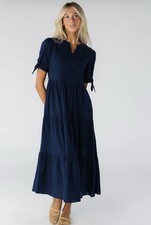 NWT Brass & Roe Navy Claire  Swiss Dot Tiered Midi  Cotton Dress Women Sold Out