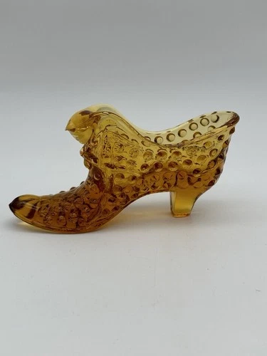 Vintage Fenton Hobnail Amber Glass Shoe with Cat Head Art Glass Slipper