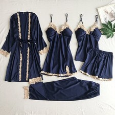 5Pcs Women Soft Satin Pyjamas Nightwear Set Ladies Lace Silk Sleepwear Lingerie