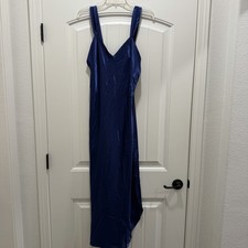 Vintage 90s Natori Slip Dress Royal Blue Lounge Gown Lace Silky Size M