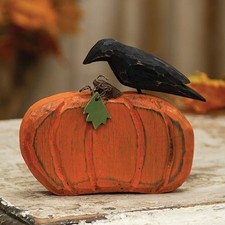 NEW Primitive CROW on PUMPKIN WOOD Orange Black Farm HALLOWEEN FALL 5"Tx5.5"Wx1"