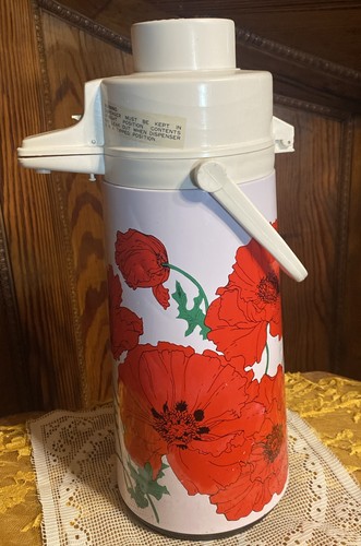 Vintage Phoenix Red Poppy Floral Air Pot Pump Dispenser Thermos Retro