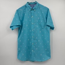 Izod Shirt Men Large Blue Button Up Short Sleeve All Over Print Tropical Surf