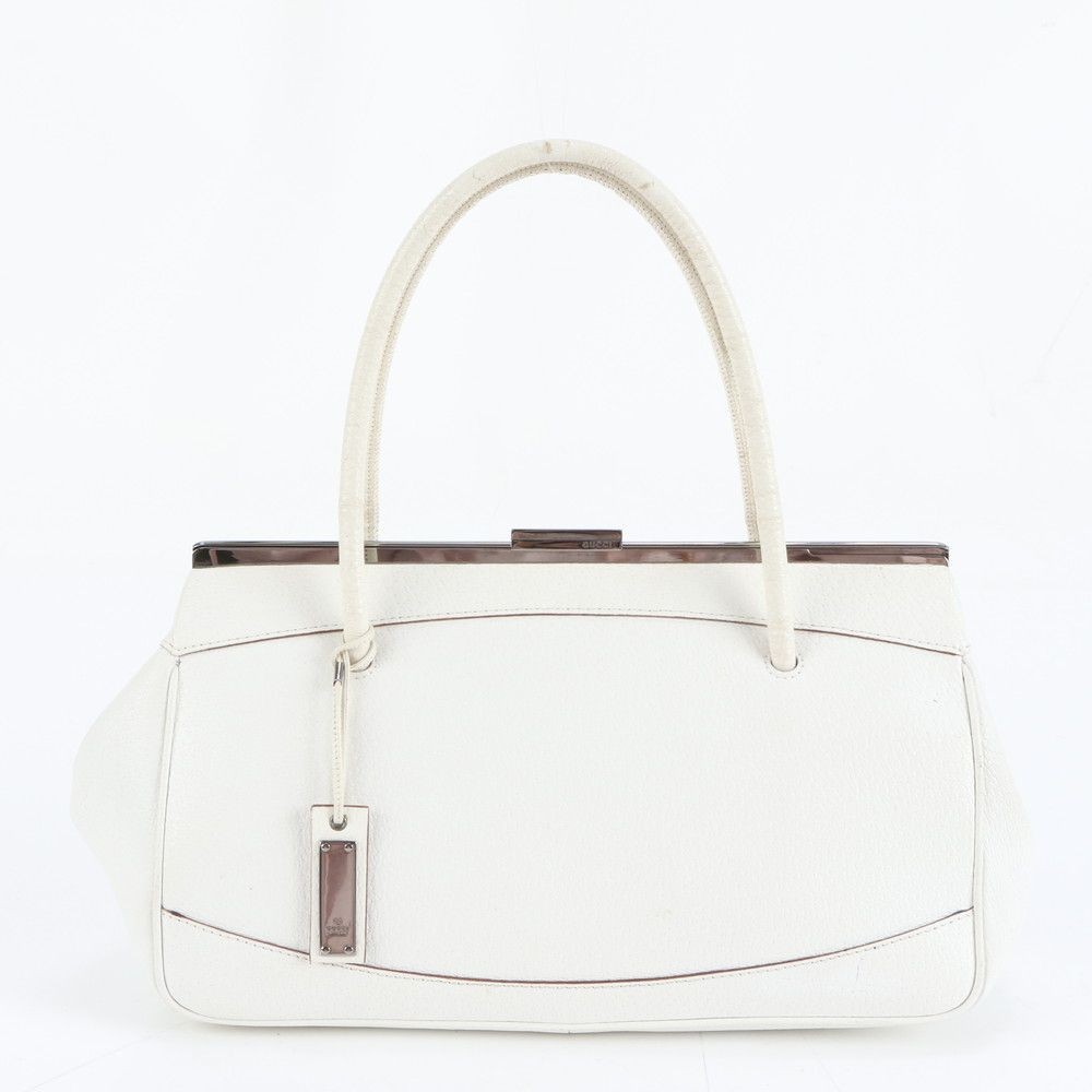 Gucci 92726 White Leather Tote Bag with Silver Metal Fittings Authentic Women's