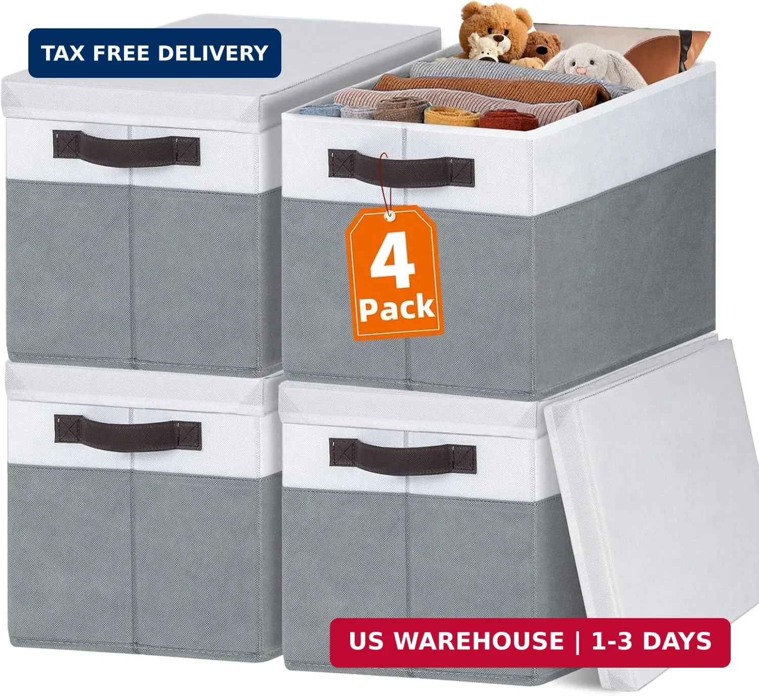 Large Closet Storage Baskets Bins with Lids 4 Pack, Storage 