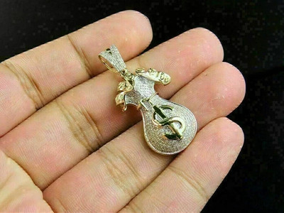 Dollar Money Bag Pendant Round Cut Tester Pass Moissanite 14K Yellow Gold Plated