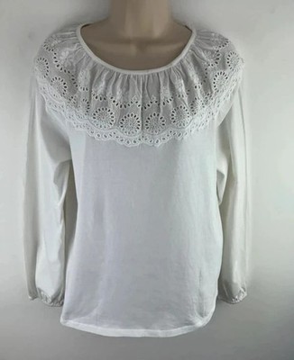 White Broderie Anglaise Cotton Blouse UK 10 Peasant Boho Top M&S 0067
