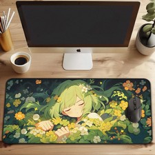 Kawaii Anime Girl Desk Mat, Cute Anime Gaming Mouse Pad, Green Desk Mat Cute
