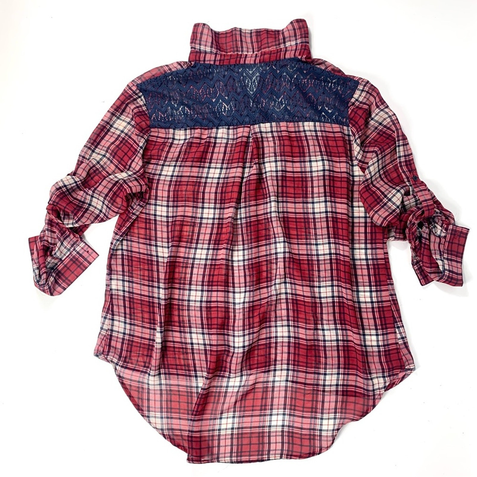 Red Plaid Sheer Button Down Top - image 5