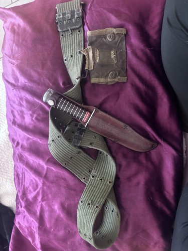 Vintage Military Fixed Blade Knife Leather Sheath Canvas Web Belt Pouches Lot