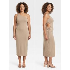 Wild Fable Beige One Shoulder Side Cutout Ruched Midi Dress Women Size L