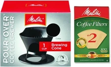 Pour over Coffee Cone Brewer & #2 Filter Natural Brown Combo Set, Black