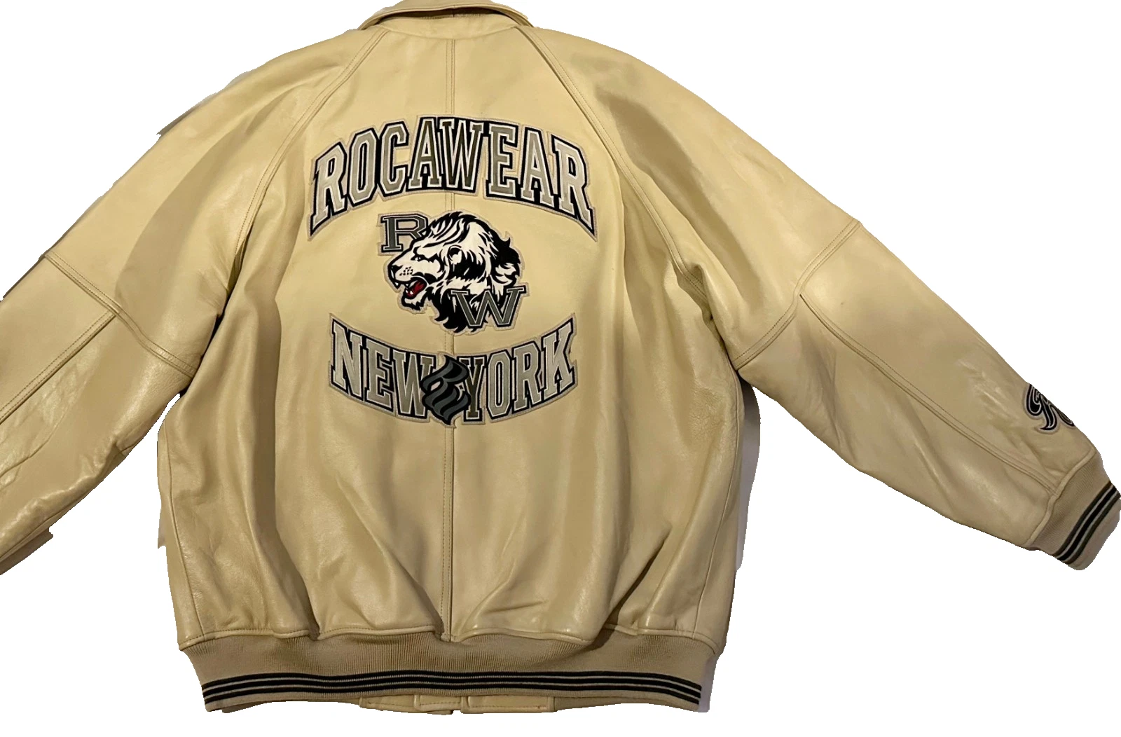 RARE Vintage Y2K Rocawear "Lion Head" Leather Varsity Jacket Beige Black Sz XL image 9