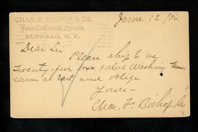 Advertising postcard Chas Bishop Co. Teas Coffee Spices Buffalo New York NY 1906